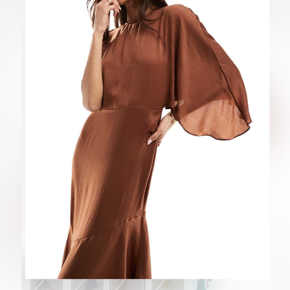 ASOS satin flutter sleeve asymmetric hem midi dress in chocolate